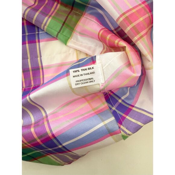 Marisa Baratelli Asymmetrical Pink Green Plaid Pleated Thai Silk Blouse Shirt 6 - Picture 6 of 6